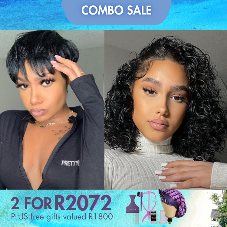 2 For 1 | Hot Pixie Cut Glueless Wig+Natural Black 4*4 Closure Water Wave Wig