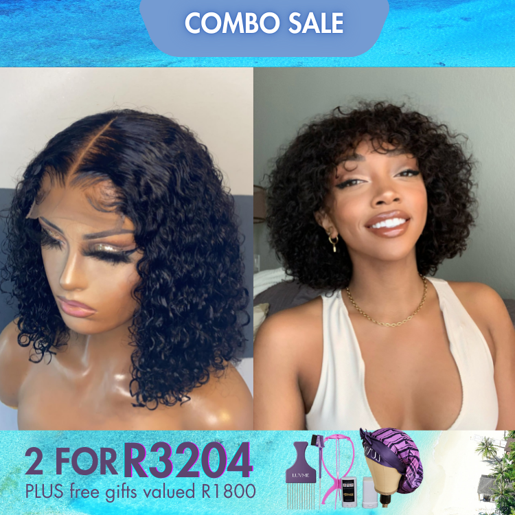 2 For 1 | Deep Curl Bob Glueless 4x4 Closure Lace Wig+Water Wave No Lace Glueless Wig With Bangs