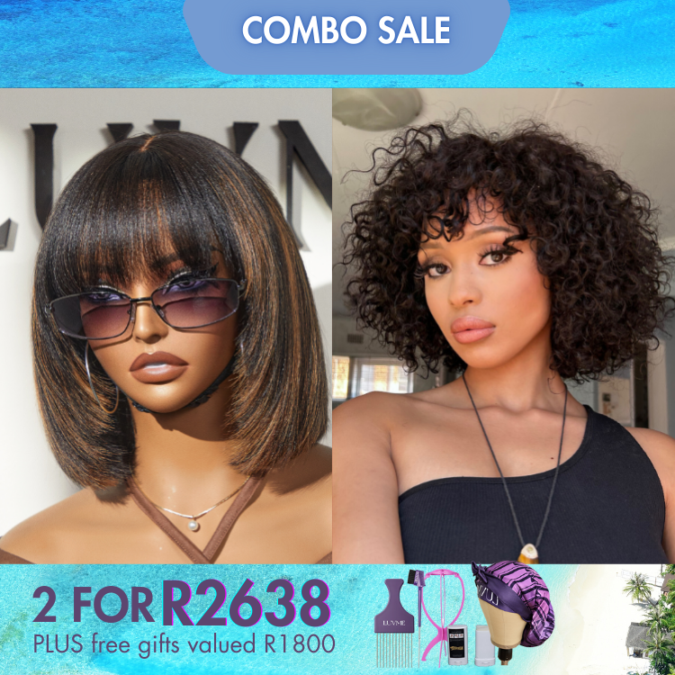 2 For 1 | Brown Highlight Layered Cut Yaki Straight Bob Wig+Natural Color Bouncy Deep Curly Wig