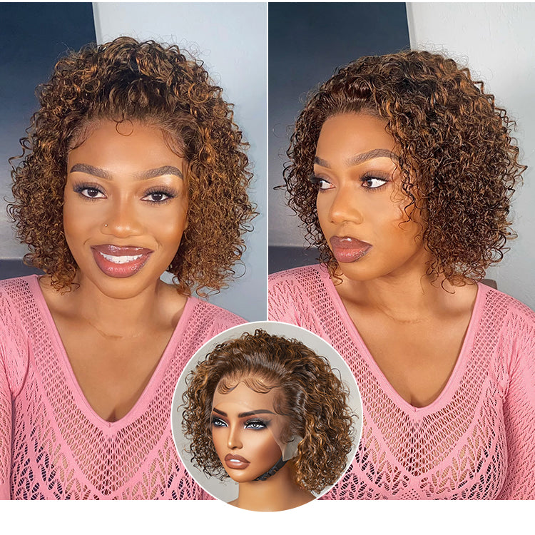 Brown Highlight Short Cut Slicked Back Curly Ear-to-ear Wide T Lace Wig