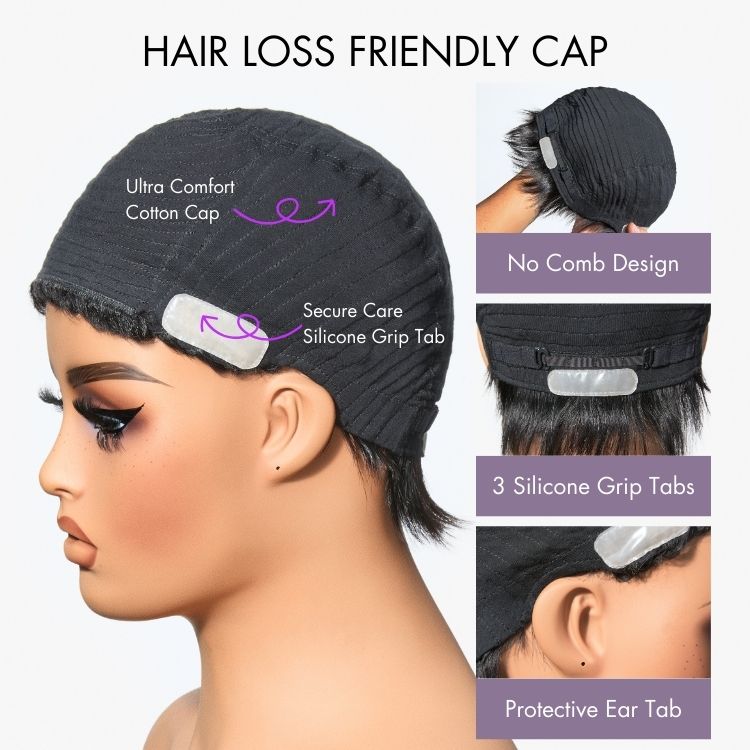 Exclusive Sale | Throw On & Go Short Cut with Bangs Wig Ultra Comfort Cotton Cap Glueless Wig Hair Loss Friendly-03