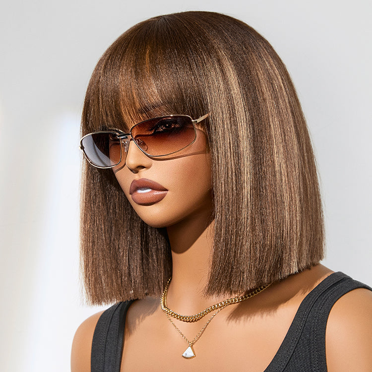 Put On and Go Realistic Glueless Yaki Straight Bob with Bangs Minimalist Lace Wig 100% Human Hair