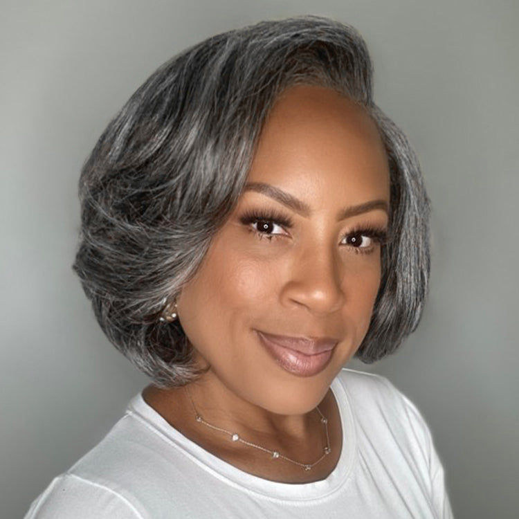 Boss Vibe Salt & Pepper Layered Bob / Body Wave Glueless Pre-Cut Minimalist Lace Grey Wig