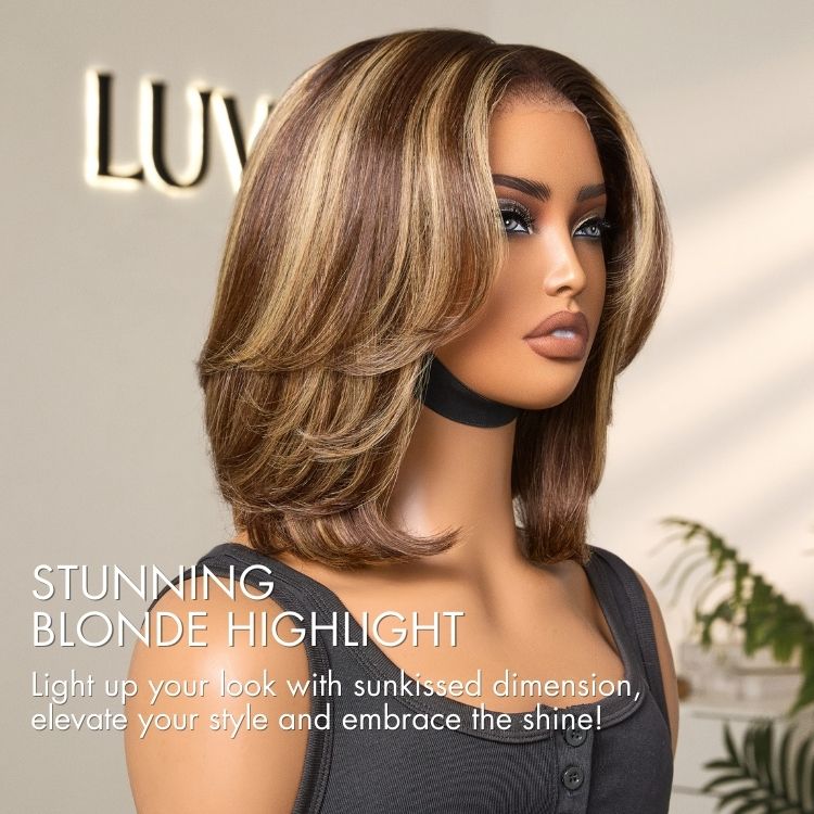 [Morgantasneem]'s Special Link-Blonde Highlight Short Layered Bob Wig Glueless 5x5 Closure Pre-Cut Lace Wig All Head Sizes Fit Cap-04