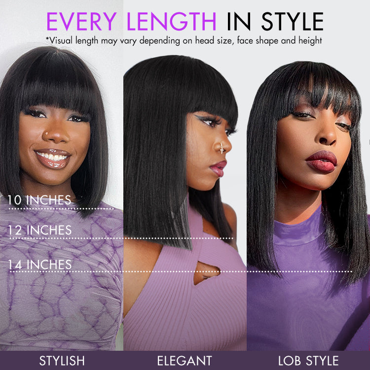 Outlet | Put On and Go Realistic Glueless Yaki Straight Bob with Bangs Minimalist Lace Wig 100% Human Hair-05