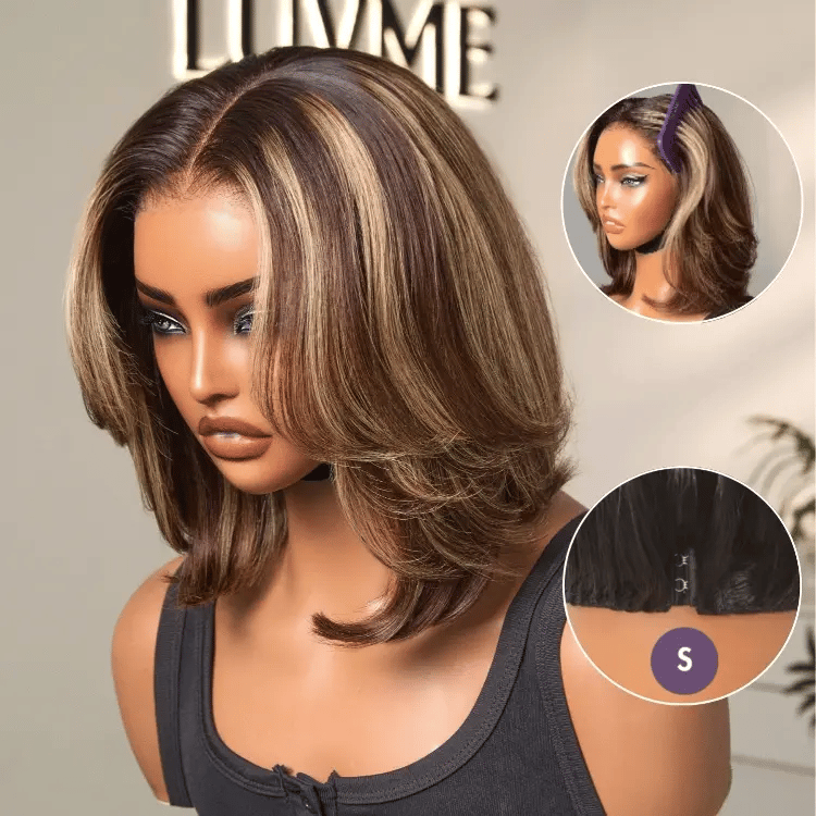 [Morgantasneem]'s Special Link-Blonde Highlight Short Layered Bob Wig Glueless 5x5 Closure Pre-Cut Lace Wig All Head Sizes Fit Cap-02