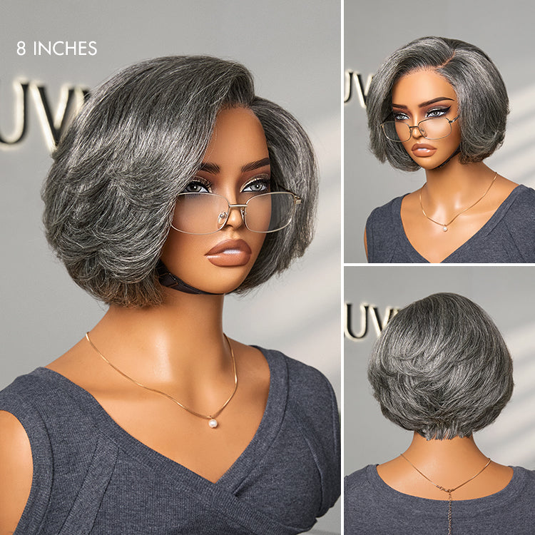 Boss Vibe Salt & Pepper Layered Bob / Body Wave Glueless Pre-Cut Minimalist Lace Grey Wig-03