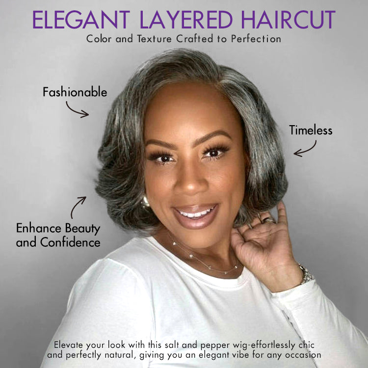 Boss Vibe Salt & Pepper Layered Bob / Body Wave Glueless Pre-Cut Minimalist Lace Grey Wig-04