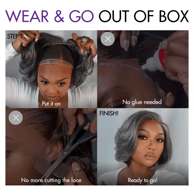 Boss Vibe Salt & Pepper Layered Bob / Body Wave Glueless Pre-Cut Minimalist Lace Grey Wig-10