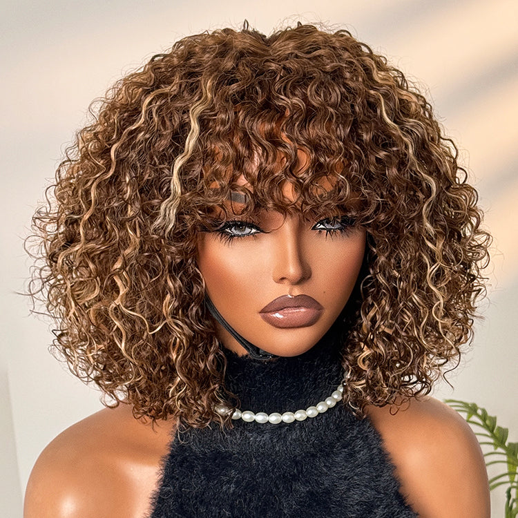 Special | Beginner Friendly Ash Blonde Highlights Water Wave True Scalp Minimalist Lace Glueless Curly Wig with Bangs-01