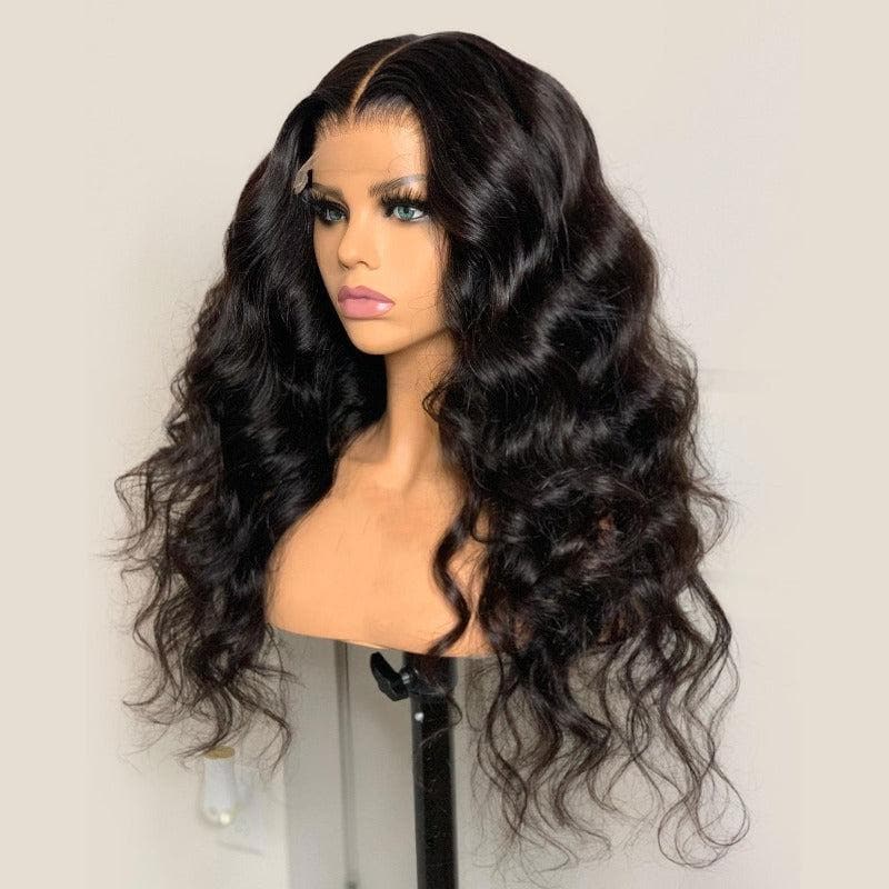 Natural Black Body Wave Glueless 5x5 Closure Lace Mid Part Long Wig-01