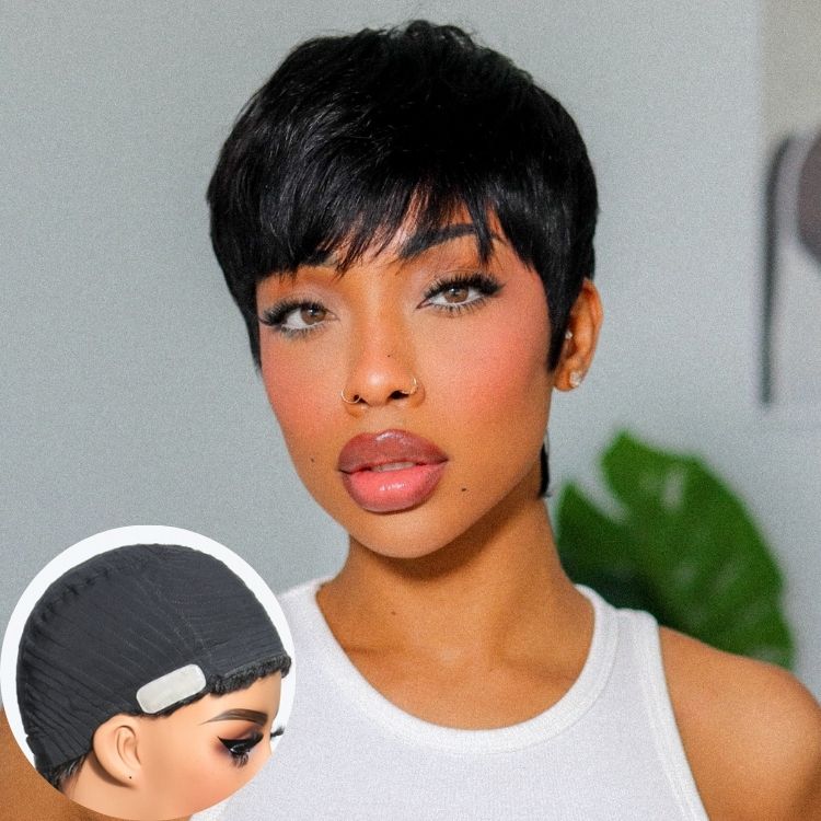 Exclusive Sale | Throw On & Go Short Cut with Bangs Wig Ultra Comfort Cotton Cap Glueless Wig Hair Loss Friendly-01