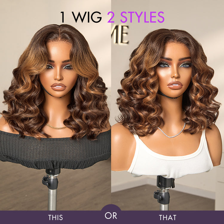 Elegant Brown Ombre Loose Wave Minimalist HD Lace Glueless Short Wig 100% Human Hair Pre-Cut Lace-09