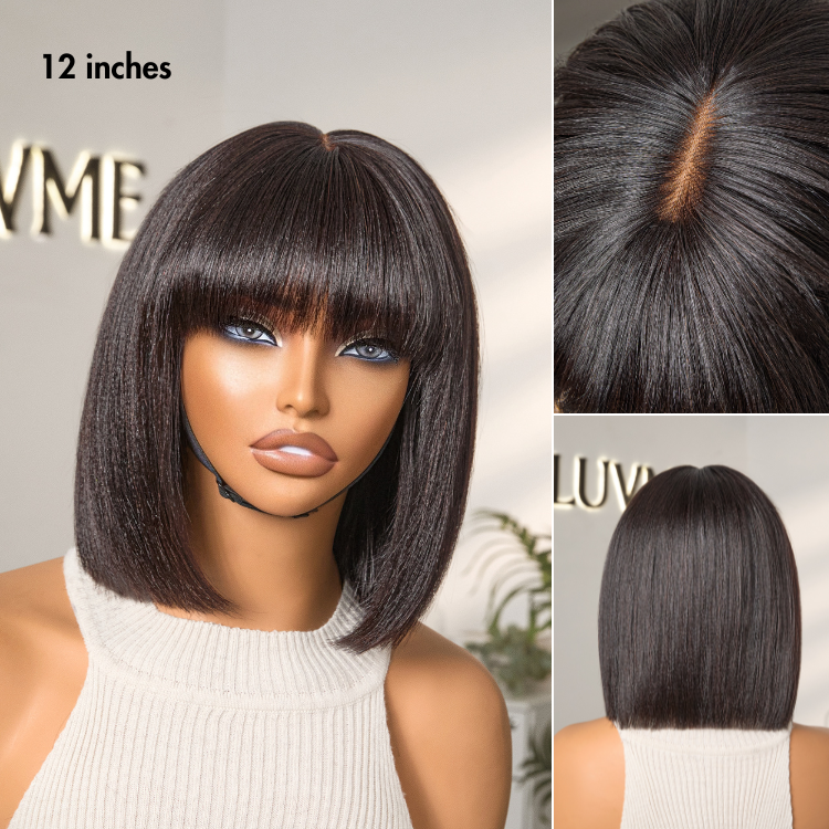 Outlet | Put On and Go Realistic Glueless Yaki Straight Bob with Bangs Minimalist Lace Wig 100% Human Hair-04