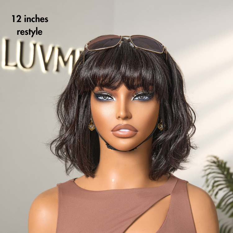 Outlet | Put On and Go Realistic Glueless Yaki Straight Bob with Bangs Minimalist Lace Wig 100% Human Hair-03