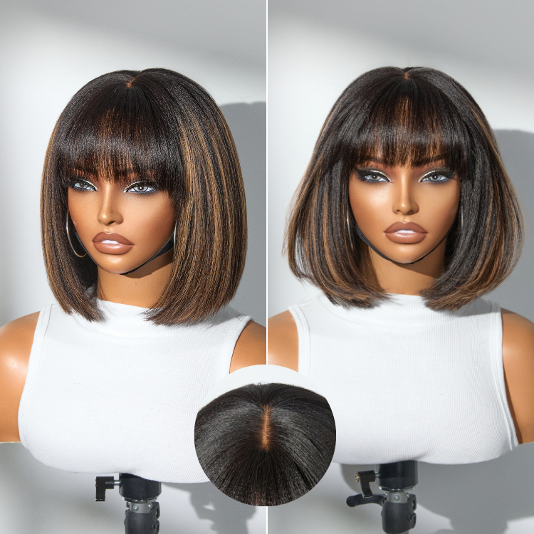 Worth | Put On and Go Brown Highlight Yaki Bob with Bangs Glueless Minimalist Lace Wig Breathable Cap-01