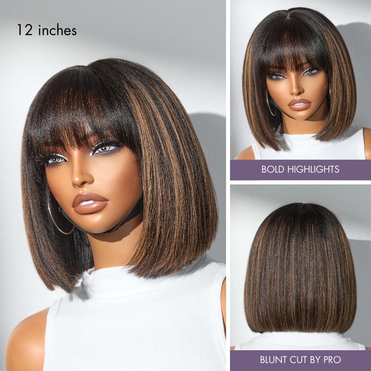 Worth | Put On and Go Brown Highlight Yaki Bob with Bangs Glueless Minimalist Lace Wig Breathable Cap-02