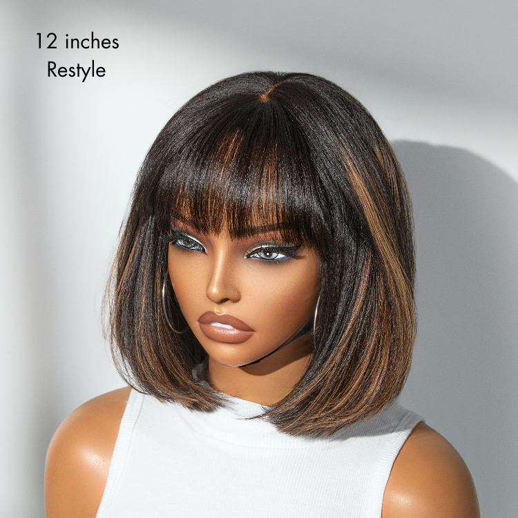 Worth | Put On and Go Brown Highlight Yaki Bob with Bangs Glueless Minimalist Lace Wig Breathable Cap-03