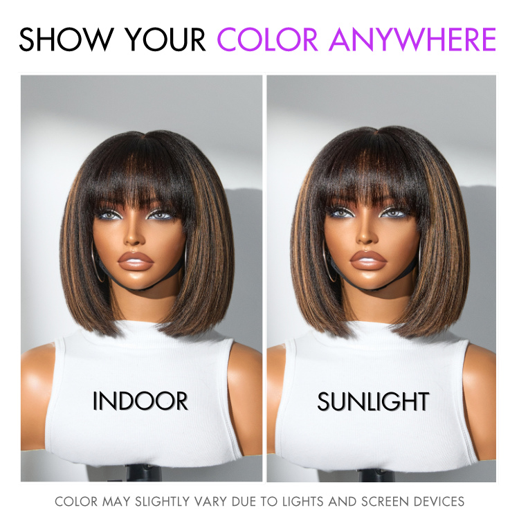 Worth | Put On and Go Brown Highlight Yaki Bob with Bangs Glueless Minimalist Lace Wig Breathable Cap-06