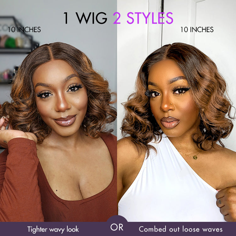 Elegant Brown Ombre Loose Wave Minimalist HD Lace Glueless Short Wig 100% Human Hair Pre-Cut Lace-05