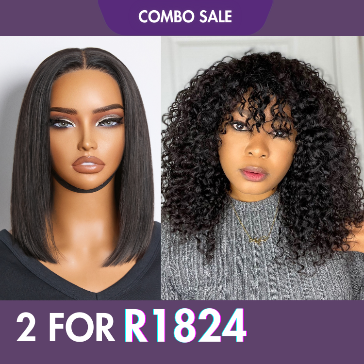 2 For 1 | Silky Straight Glueless 4x4 Closure Lace Wig Middle Part+Kinky Curly Wigs With Bangs-01