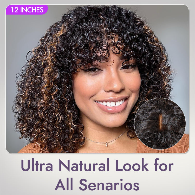 Worth | Brown Highlight Water Wave Natural Scalp Glueless Minimalist Lace Short Curly Wig with Bangs-06