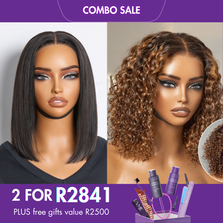 2 For 1 | Silky Straight Glueless 4x4 Closure Lace Wig Middle Part+Ombre Brown Highlight Deep Curly Glueless 5x5 Closure Lace Wig-05