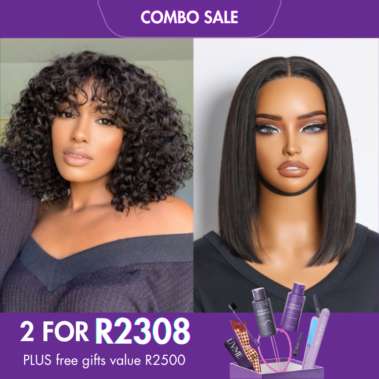 2 For 1 |  Silky Straight Glueless 4x4 Closure Lace Wig Middle Part+Most Popular Wavy Bob Wig With Bangs-04