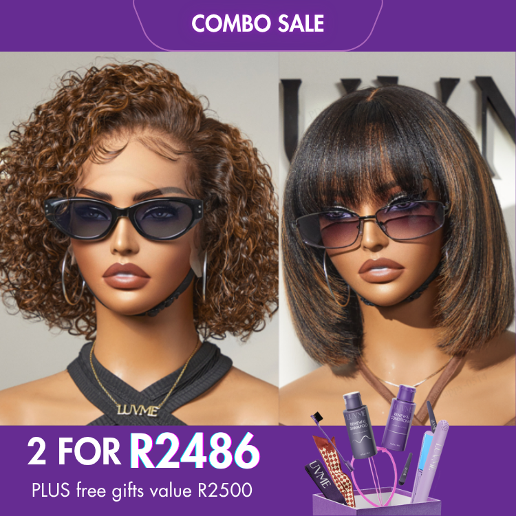 2 For 1 | Brown Highlight Short Cut Slicked Back Curly Wide T Lace Wig+Brown Highlight Layered Cut Yaki Straight Minimalist Lace Bob Wig-05