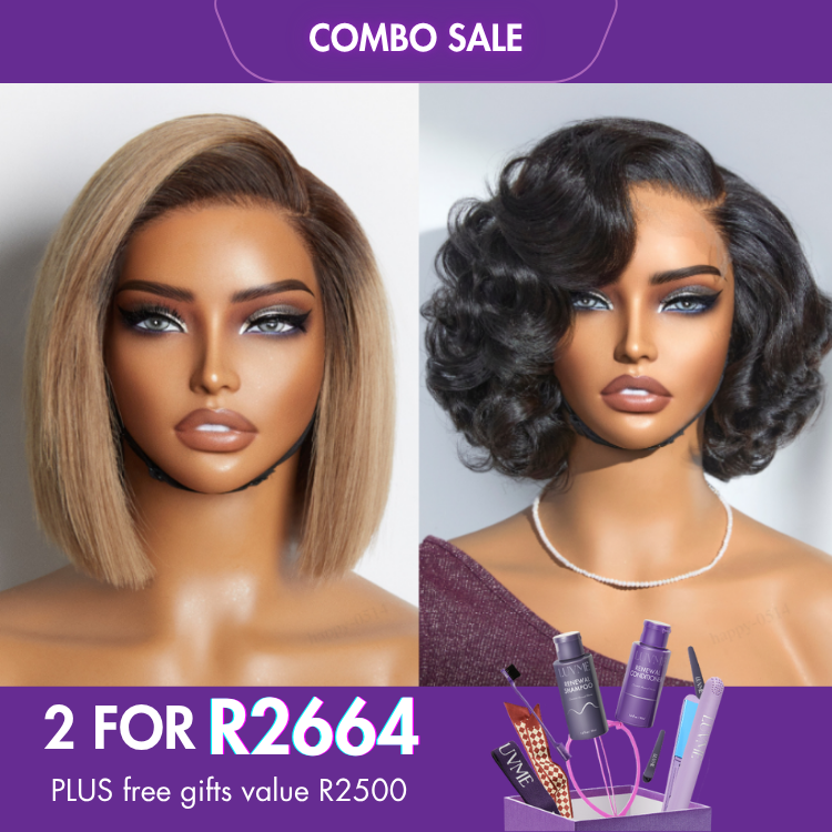 2 For 1 | Natural Black Loose Wave HD Lace Glueless C Part Wig+Ash Blonde Blunt Cut Straight Bob HD Lace Glueless C Part Wig-04