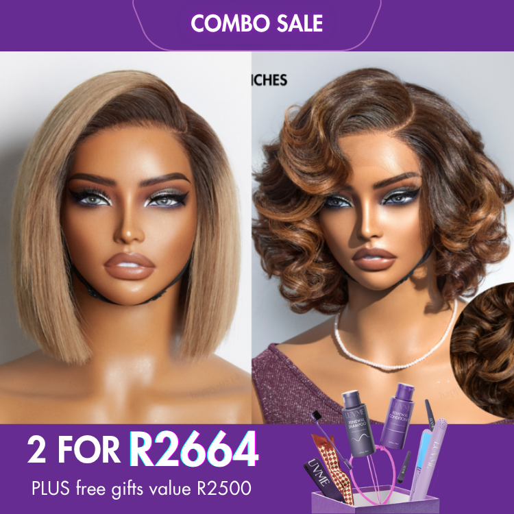 2 For 1 | Brown Ombre Highlight Loose Wave HD Lace Glueless C Part Wig+Ash Blonde Blunt Cut Straight Bob HD Lace Glueless C Part Wig-04