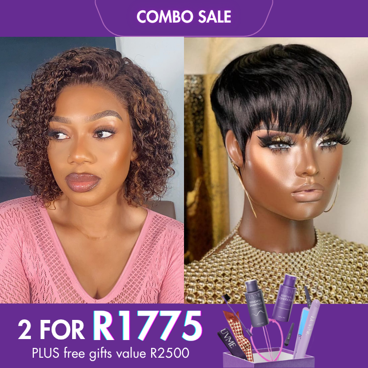 2 For 1 | Brown Highlight Short Cut Slicked Back Curly Wide T Lace Wig+Hot Pixie Cut Glueless Wig with Bangs-04