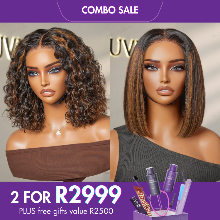 2 For 1 | Highlight Brown Deep Wave 4x4 Closure Lace Wig +Brown Highlight Silky Blunt Cut Bob Glueless Lace Wig-03