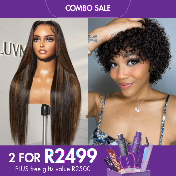 2 For 1 | Brown Highlight Silky Straight Glueless 13x4 Frontal Lace Long Wig+Ultra Natural Lightweight Bouncy Glueless Wig With Bangs-04