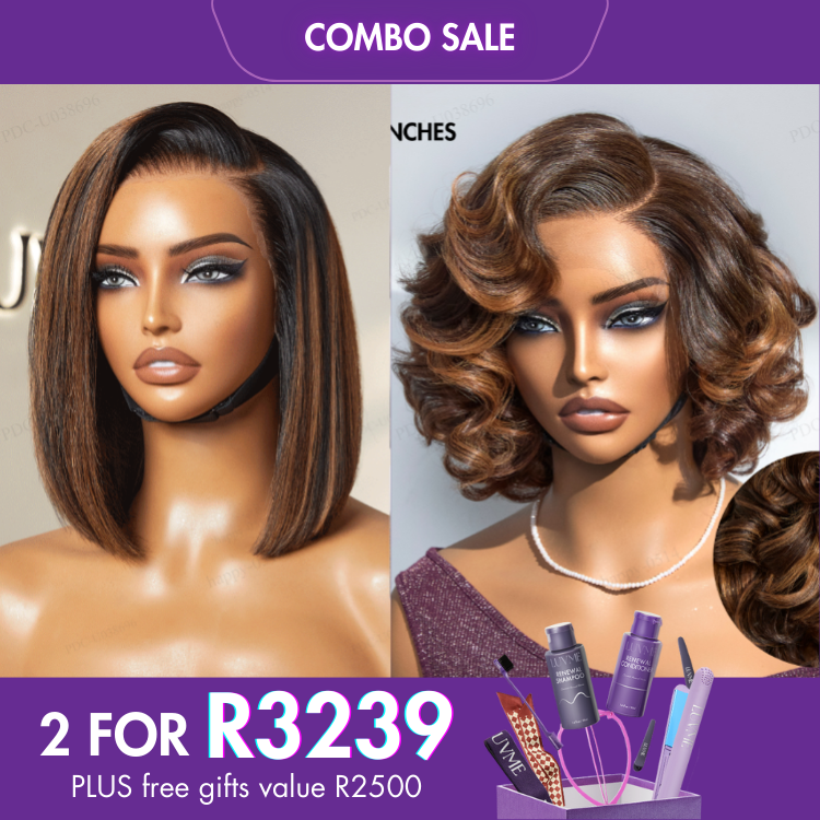 2 For 1 | Brown Highlight Silky Blunt Cut Bob Glueless Lace Wig + Brown Ombre Highlight Loose Wave HD Lace Glueless C Part Wig-04