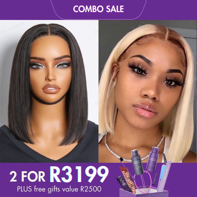 2 For 1 |  Silky Straight Glueless 4x4 Closure Lace Wig Middle Part + 4/613 Blonde Bob Wig Glueless T Part Lace Wig-05