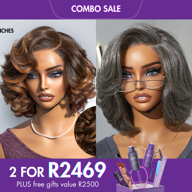 2 For 1 | Brown Ombre Highlight Loose Wave HD Lace Glueless C Part Wig+Layered Bob Glueless Pre-Cut Lace Grey Wig-03