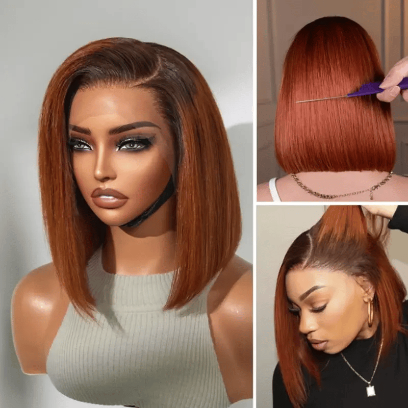 PreMax Wigs | Natural Black / Brown Highlight / Ginger Ombre Super Natural Hairline Silky Blunt Cut Glueless 13x4 Frontal Lace Human Hair Short Bob Wig-09