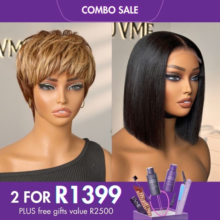 2 For 1 | Hot Pixie Cut Blonde Highlight Glueless Brazilian Human Hair Wig+Glueless 4x4 Closure Lace Natural Black Bob Wig-01
