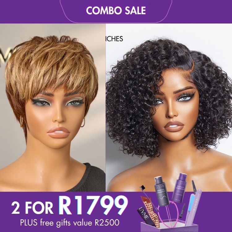 2 For 1 | Hot Pixie Cut Blonde Highlight Glueless Brazilian Human Hair Wig+Trendy Short Cut Curly Glueless HD Lace Wig-01