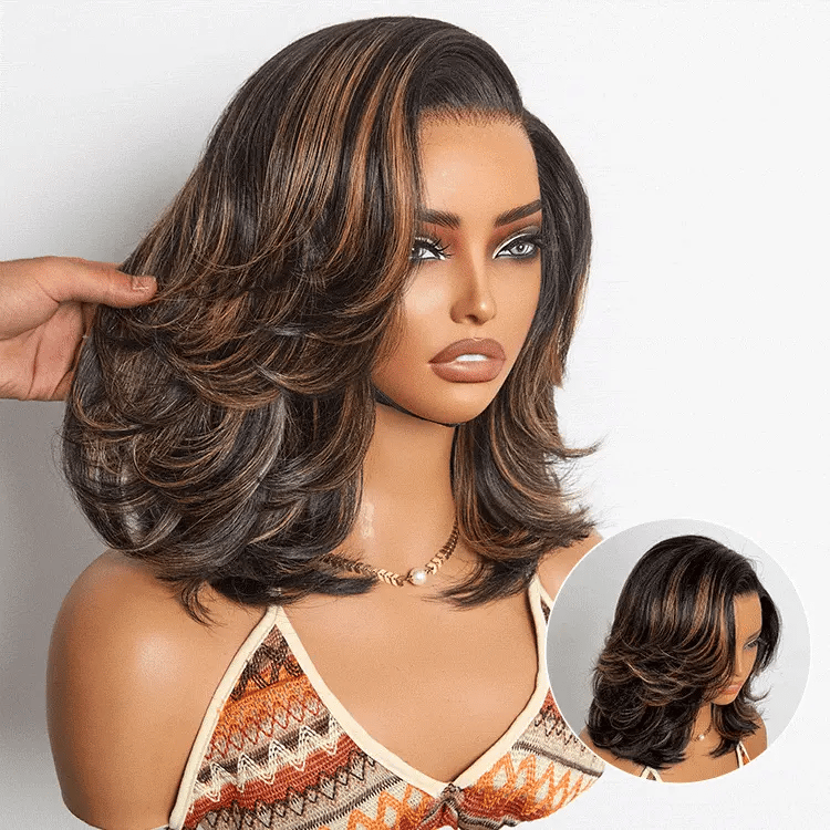 Brown Highlight Layered Haircut Wavy Glueless Minimalist HD Lace Wig Pre-Cut Lace-01