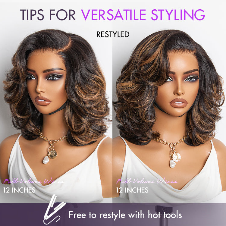 Brown Highlight Layered Haircut Wavy Glueless Minimalist HD Lace Wig Pre-Cut Lace-06