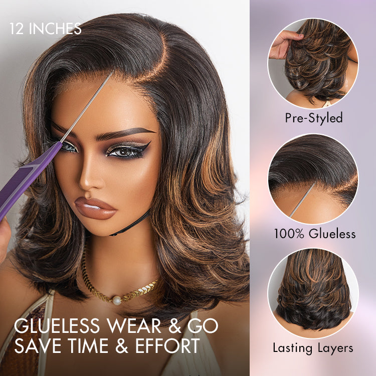 Brown Highlight Layered Haircut Wavy Glueless Minimalist HD Lace Wig Pre-Cut Lace-05