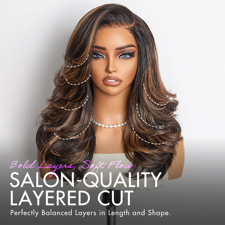Brown Highlight Layered Haircut Wavy Glueless Minimalist HD Lace Wig Pre-Cut Lace-07