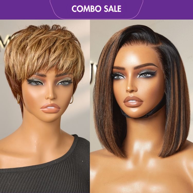 2 For 1 | Short Pixie Cut Dark Brown Base with Blonde Highlights No Lace Glueless Wig+Brown Highlight Silky Blunt Cut Bob 13*4 Glueless Lace Wig-01