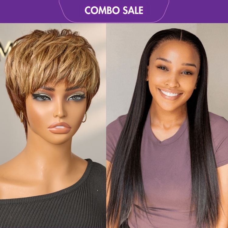2 For 1 | Short Pixie Cut Dark Brown Base with Blonde Highlights No Lace Glueless Wig+Silk Straight Glueless 13x4 Frontal Lace Wig Middle Part-01