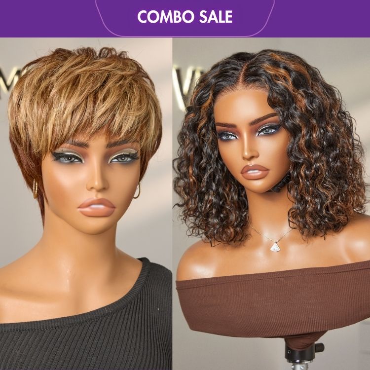 2 For 1 | Short Pixie Cut Dark Brown Base with Blonde Highlights No Lace Glueless Wig+Highlight Brown Deep Wave 4x4 Closure Lace Wig-01
