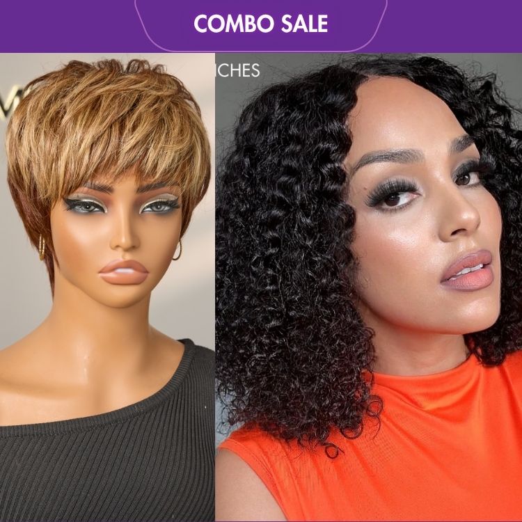 2 For 1 | Short Pixie Cut Dark Brown Base with Blonde Highlights No Lace Glueless Wig+Deep Curl Bob Glueless 4x4 Closure Lace Wig-01