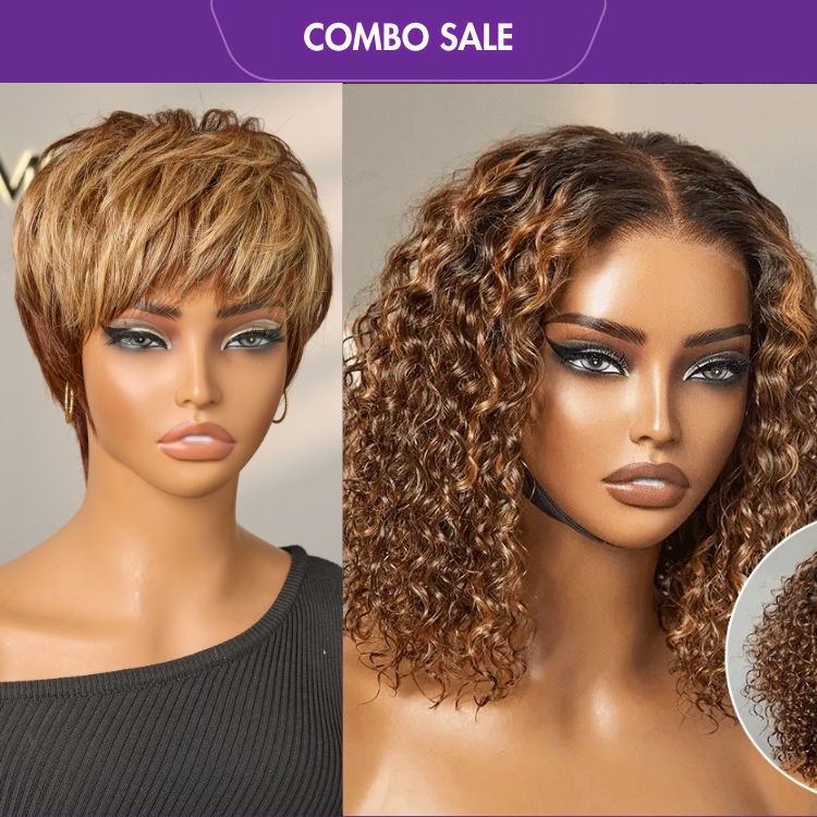 2 For 1 | Short Pixie Cut Dark Brown Base with Blonde Highlights No Lace Glueless Wig+Ombre Brown Highlight Deep Curly Glueless 5x5 Closure Lace Wig-01