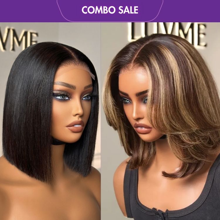 2 For 1 | Blonde Highlight Short Layered Bob Wig Glueless 5x5 Closure Pre-Cut Lace Wig+Glueless 4x4 Closure Lace Natural Black Bob Wig-01